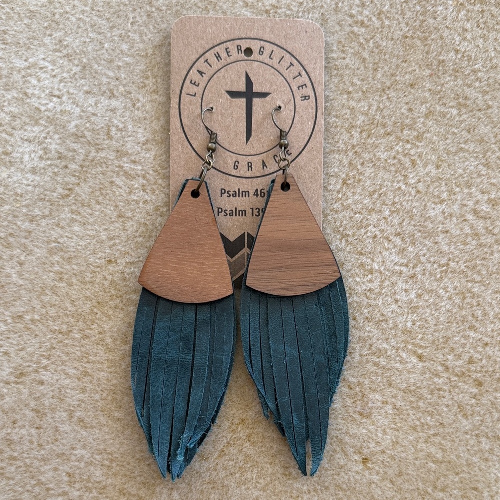 Leather Fringe Earrings with Teal Suede and Wood Accent